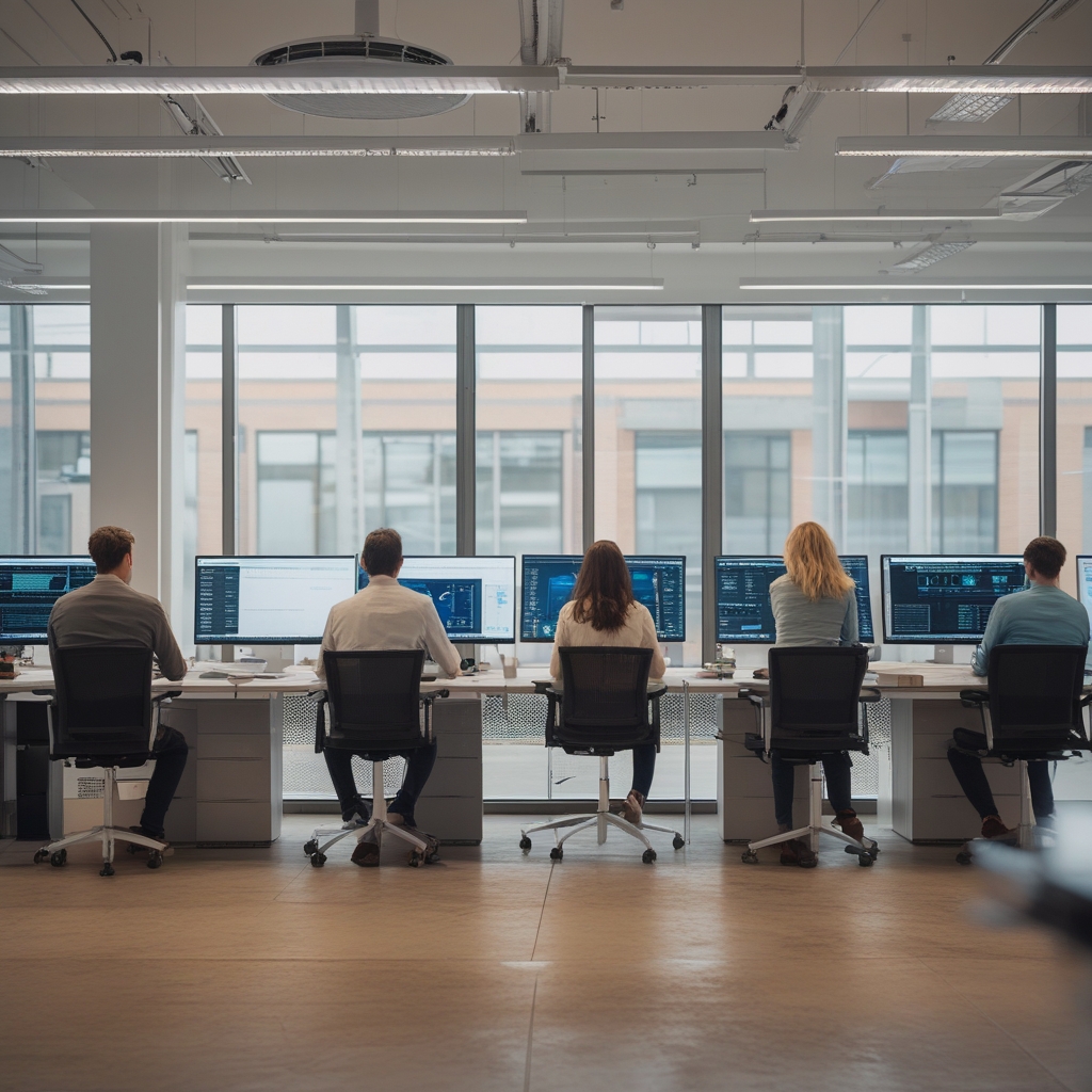 Modern open plan office with employees working on laptops with AI software interfaces displayed on screens