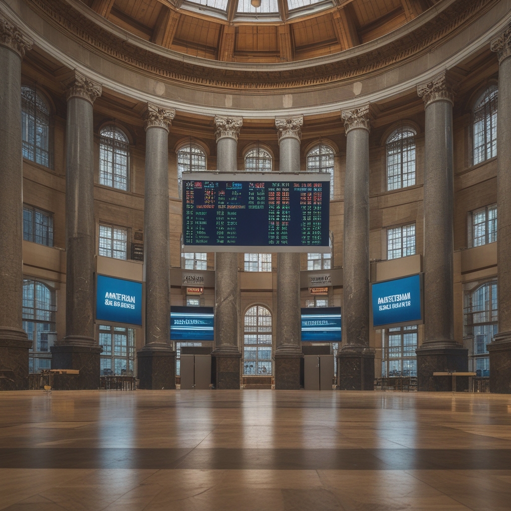 The historic Amsterdam Stock Exchange building interior with classical architecture, trading floor visible with digital display boards showing financial indices