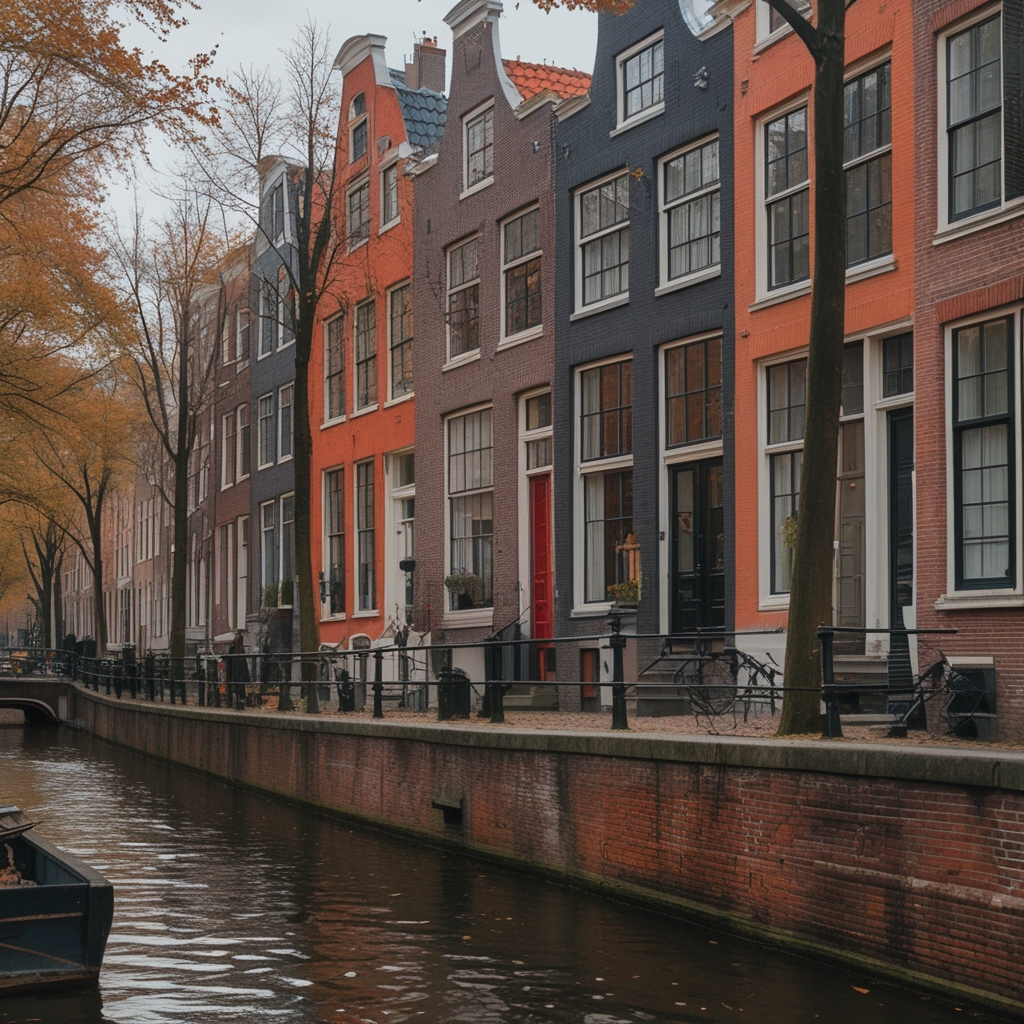 Historic Amsterdam canal houses with red and orange brick facades along a tree-lined gracht in autumn