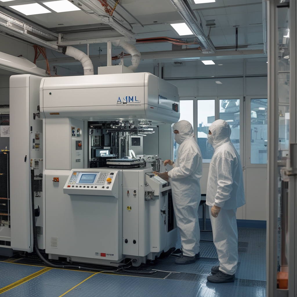 ASML high-tech lithography machine in a modern semiconductor fab cleanroom with engineers in white protective suits inspecting the equipment