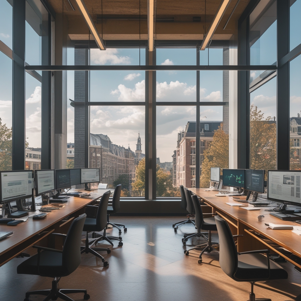 Modern editorial newsroom interior in Amsterdam with rows of desks, large monitor screens displaying data dashboards, and floor-to-ceiling windows with a city view