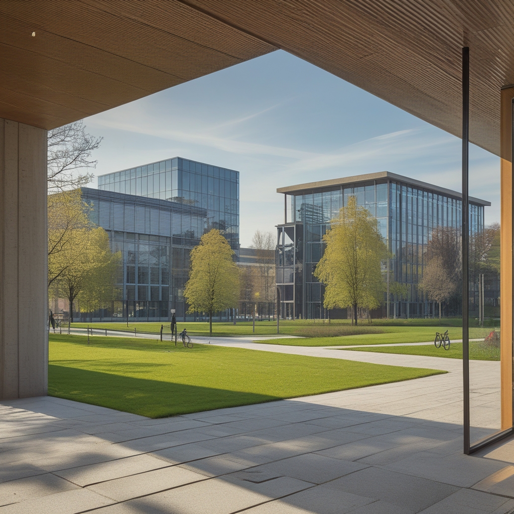 TU Delft university campus with modern science faculty buildings, bicycle paths, and green lawns on a sunny Dutch spring day