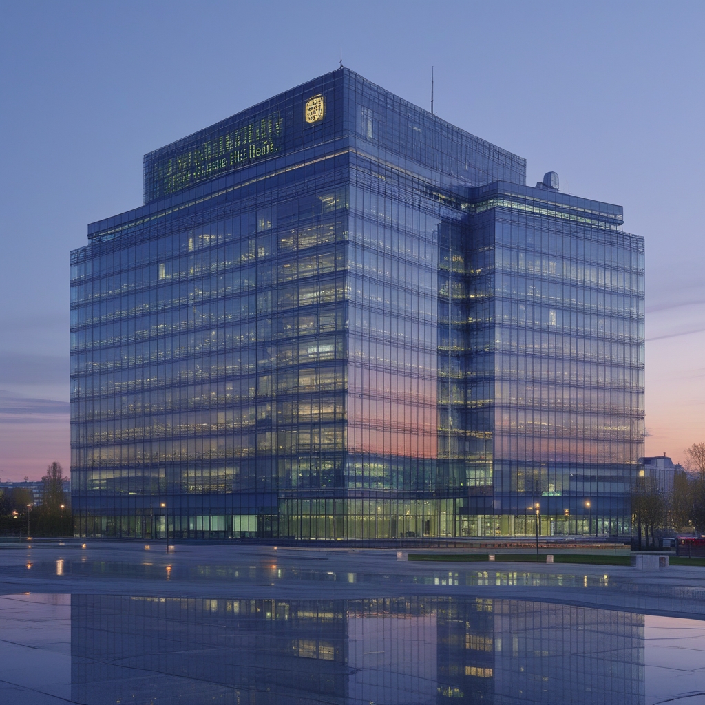 European Central Bank headquarters glass and steel building in Frankfurt, Germany, reflecting the city skyline at dusk