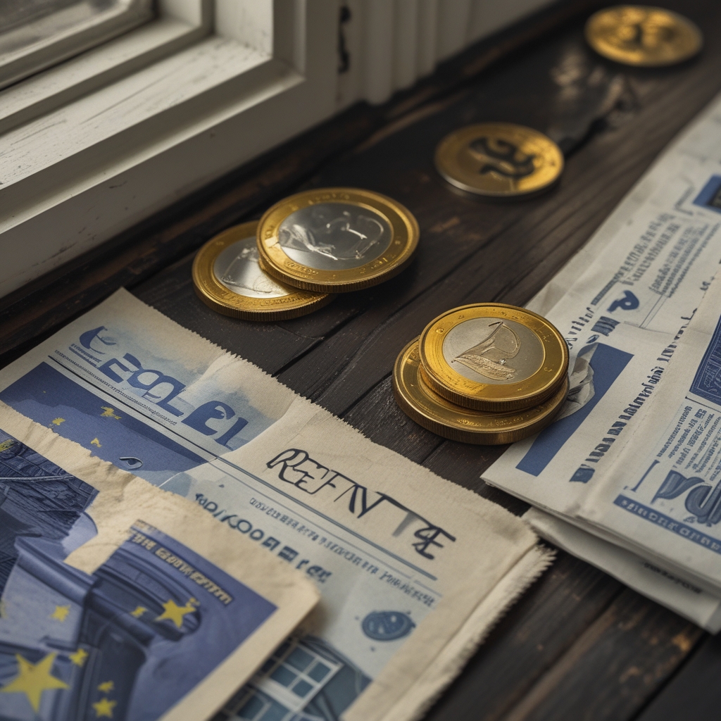 Close-up of euro coins and banknotes spread on a dark wooden table next to a financial newspaper