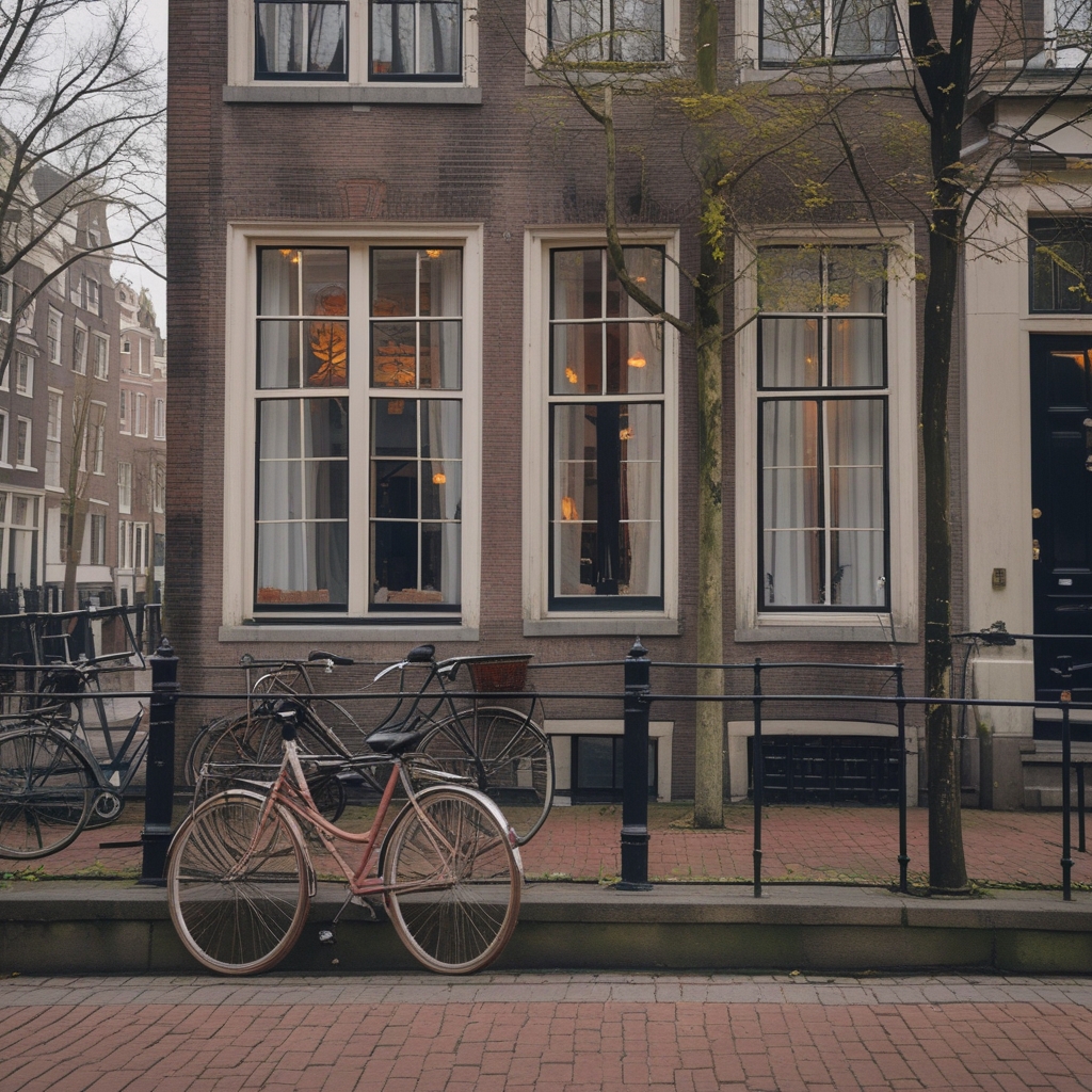 Elegant 17th century Dutch canal house on the Keizersgracht in Amsterdam with large windows and a bicyle leaning against the iron fence