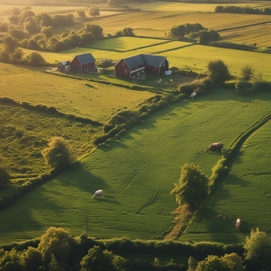 Typical Dutch agricultural landscape with green polders, a farm with red roof, and cows grazing in the foreground