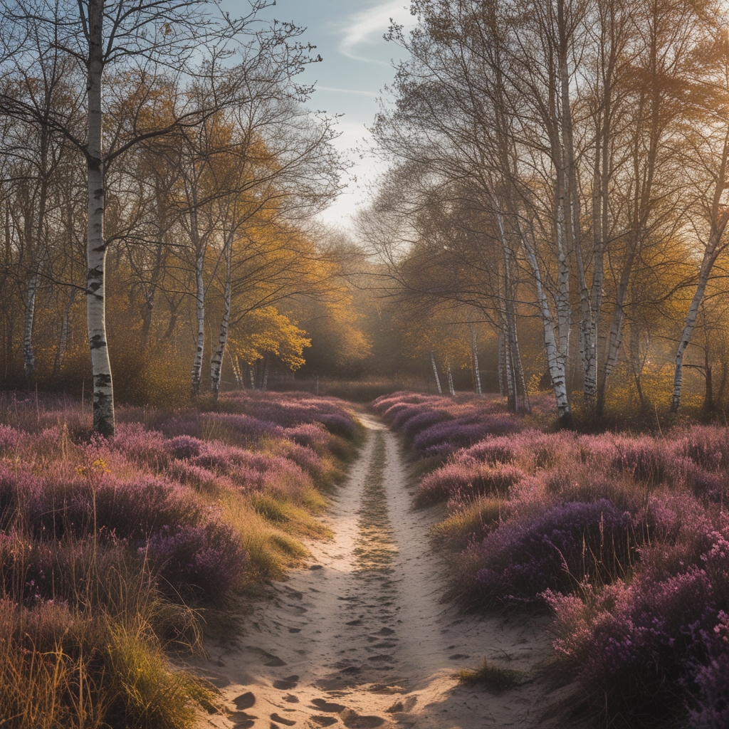 Dutch Natura 2000 nature reserve with heathland, purple heather, birch trees and a sandy path on a sunny autumn day in the Veluwe region