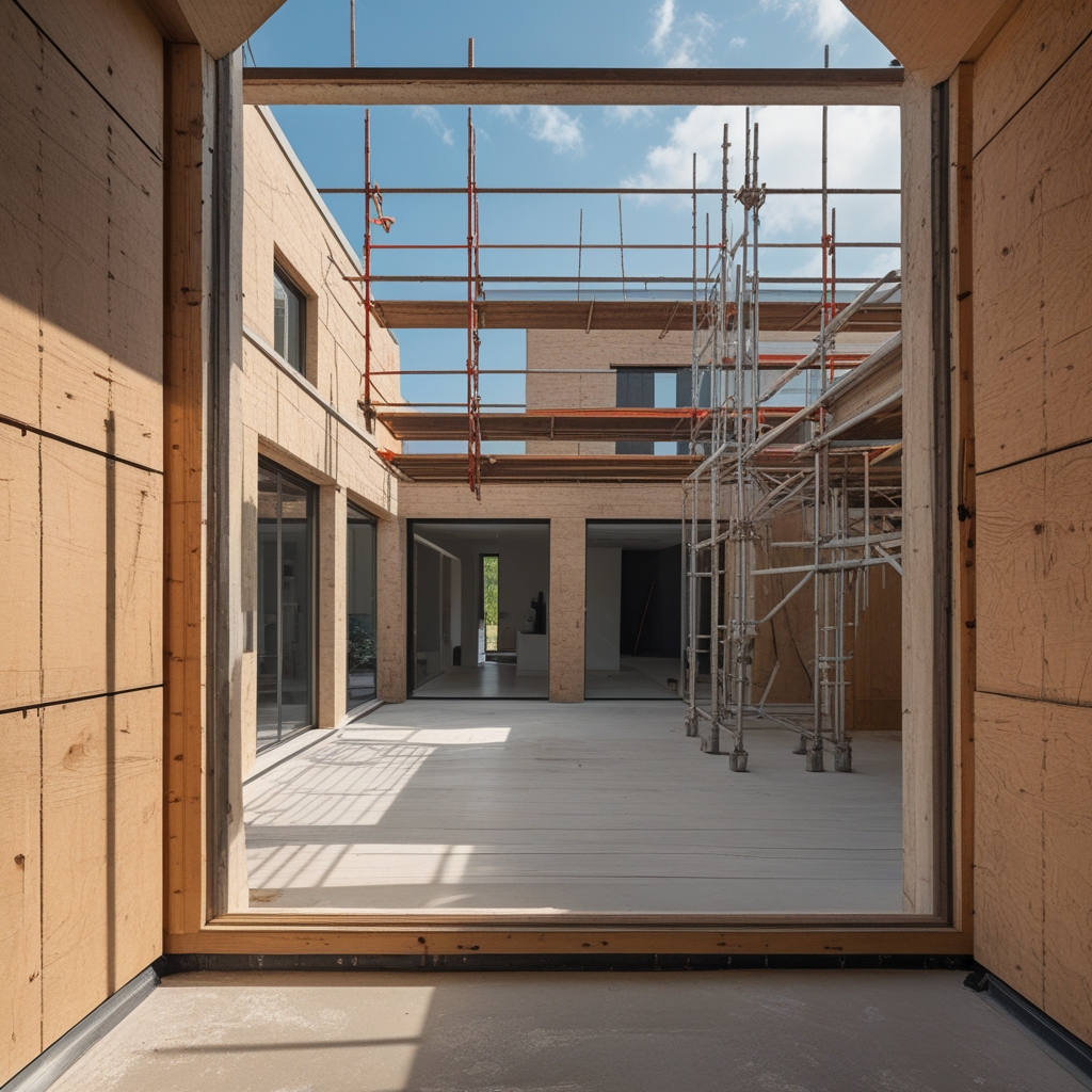 New residential construction development in the Netherlands with modern townhouses under blue sky and scaffolding