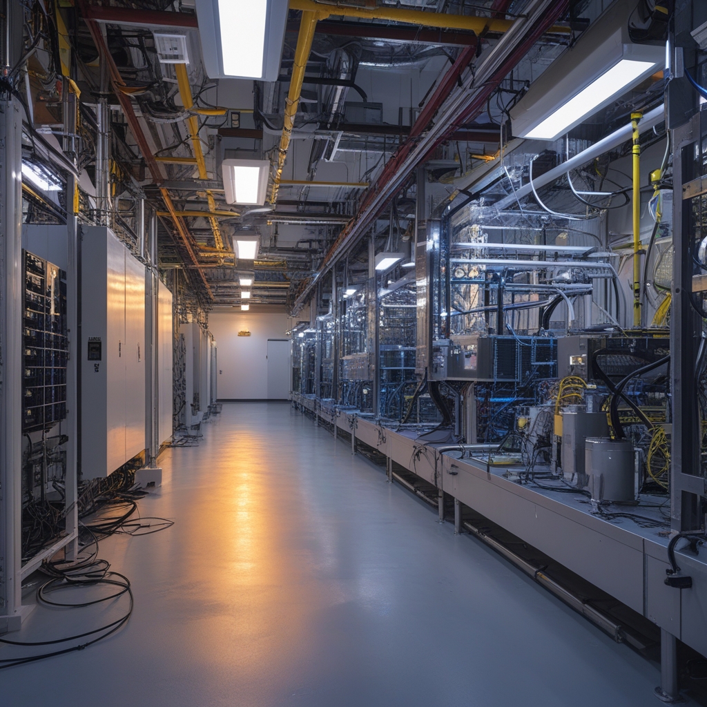 Quantum computing laboratory with complex cryogenic cooling hardware and metallic cylindrical quantum processor