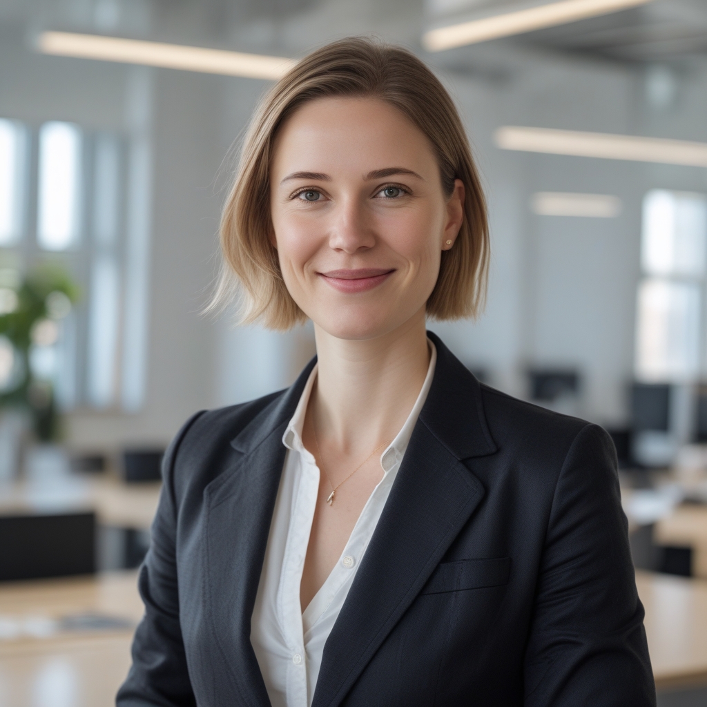 Professional headshot of a Dutch female journalist in her early 30s with short hair wearing a dark blazer in a bright office setting