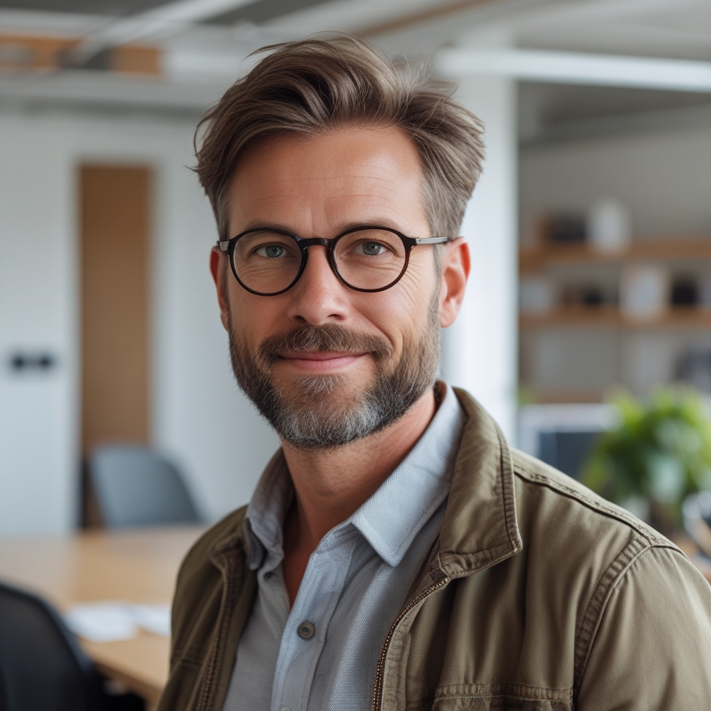 Professional headshot of a Dutch man in his 40s with glasses and a beard wearing a casual jacket in a bright editorial office