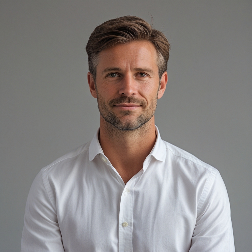Professional headshot of a Dutch male journalist in his late 30s wearing a white shirt against a neutral grey studio background