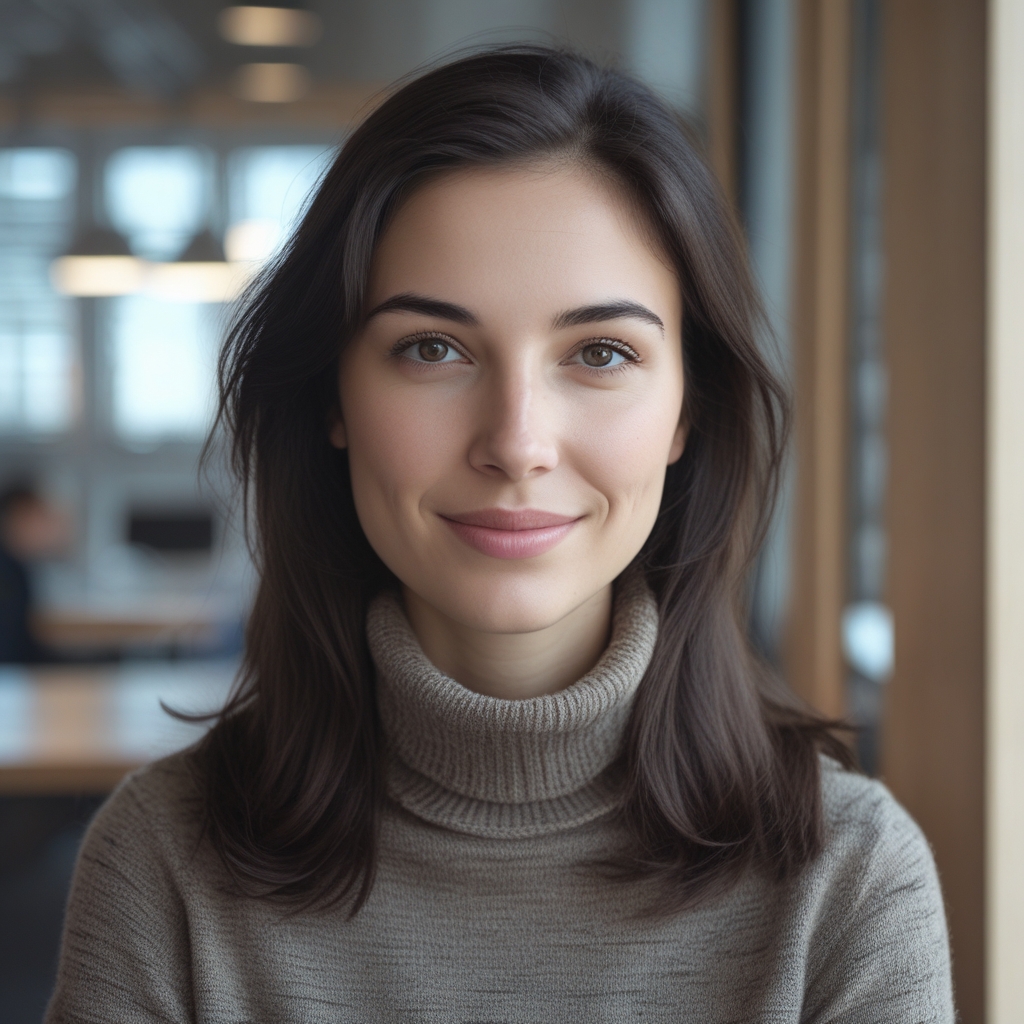 Professional headshot of a young Dutch woman journalist with dark hair wearing a turtleneck sweater in a contemporary workspace