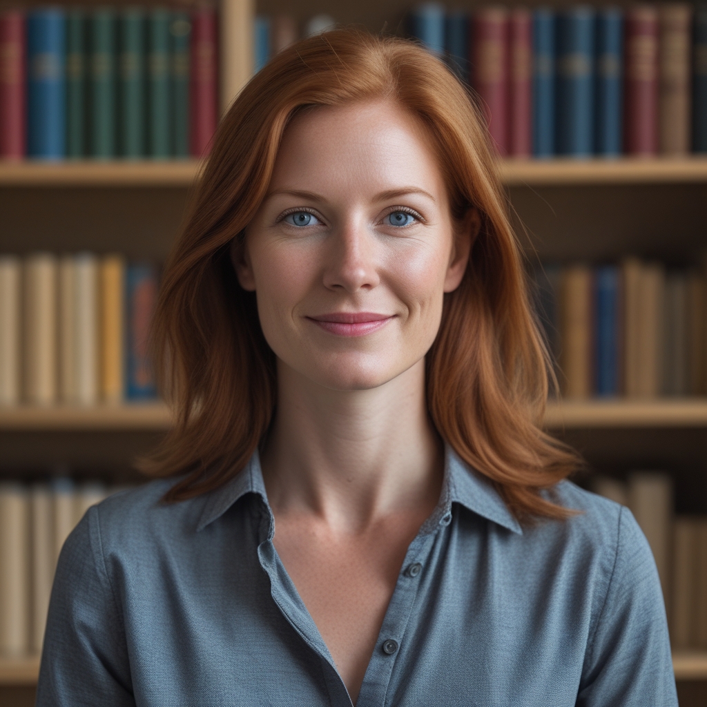 Professional headshot of a Dutch woman in her late 30s with red hair wearing a smart blouse in front of a bookshelf background