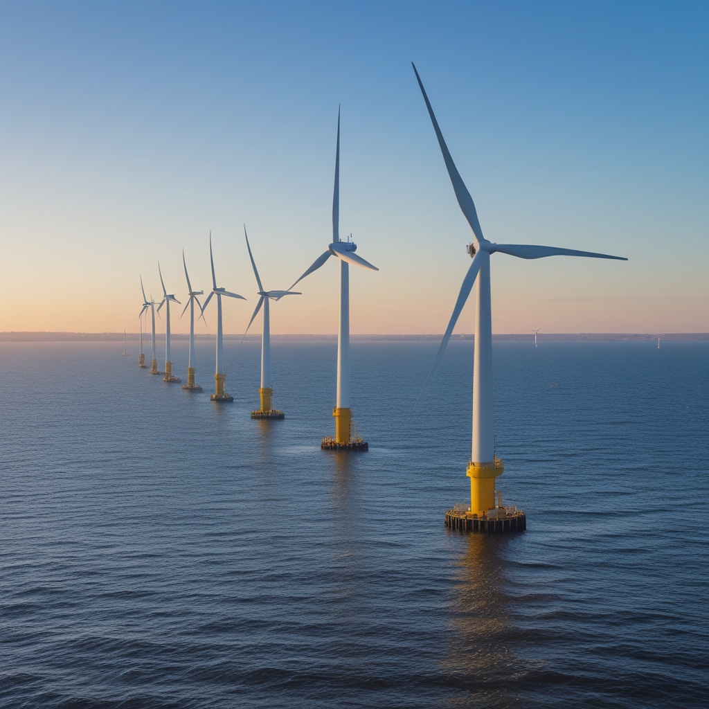 Row of modern offshore wind turbines in the North Sea near the Dutch coast on a clear day with blue sky