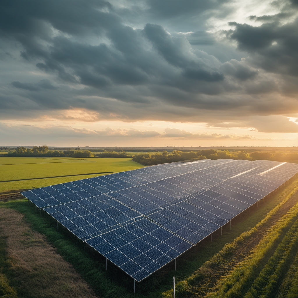 Large solar panel farm in the Dutch countryside with flat green fields and a dramatic cloudy sky overhead
